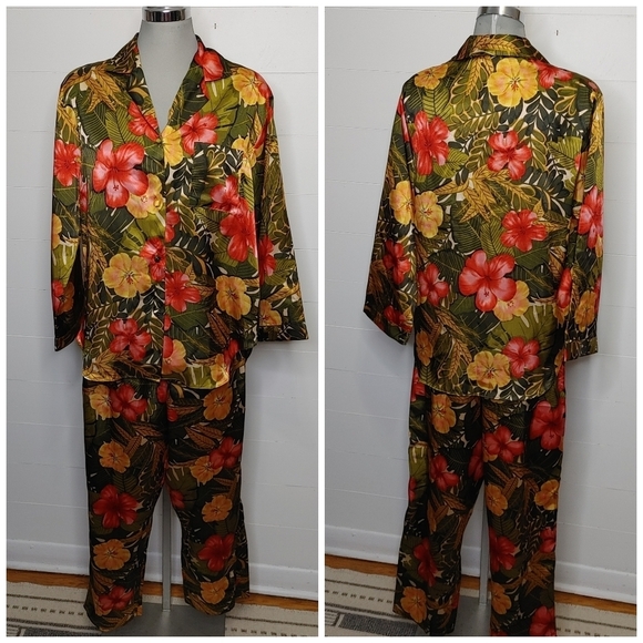 VINTAGE deadstock satin tropical print pajama set L - Picture 2 of 15